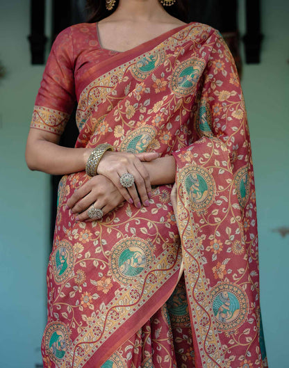 Coral Red Shimmer Silk Printed Saree