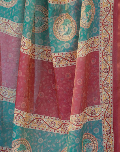 Coral Red Shimmer Silk Printed Saree