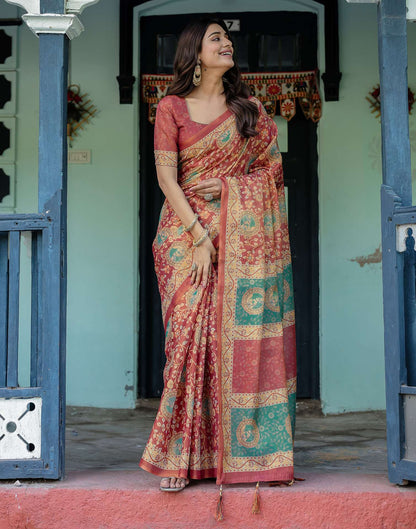 Coral Red Shimmer Silk Printed Saree