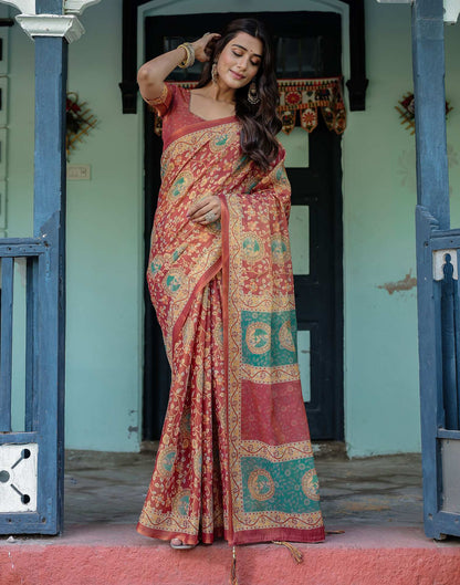 Coral Red Shimmer Silk Printed Saree
