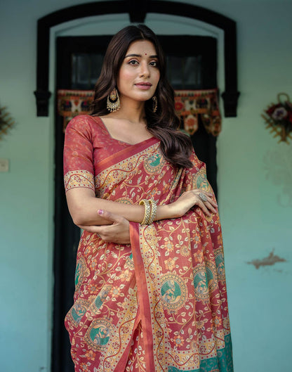 Coral Red Shimmer Silk Printed Saree