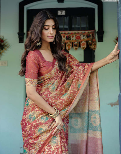 Coral Red Shimmer Silk Printed Saree