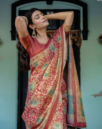 Coral Red Shimmer Silk Printed Saree