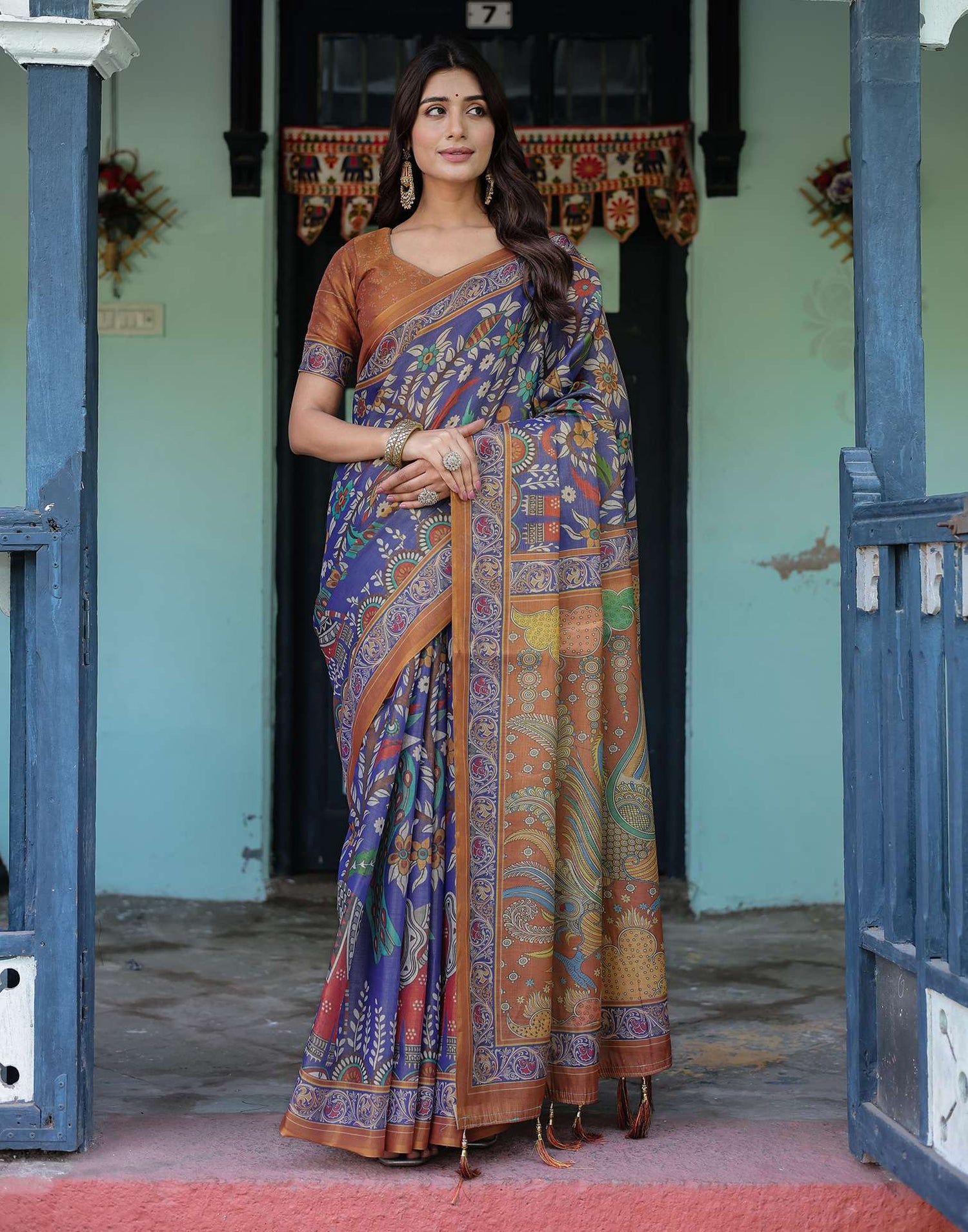 Blue Shimmer Silk Printed Kalamkari Saree