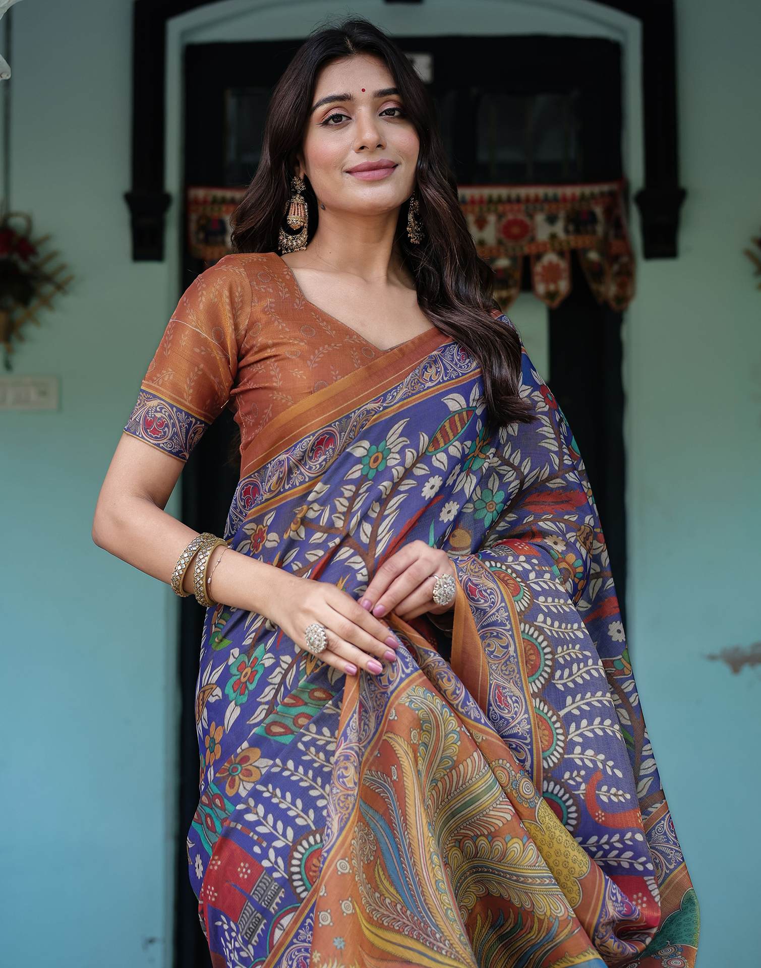 Blue Shimmer Silk Printed Kalamkari Saree