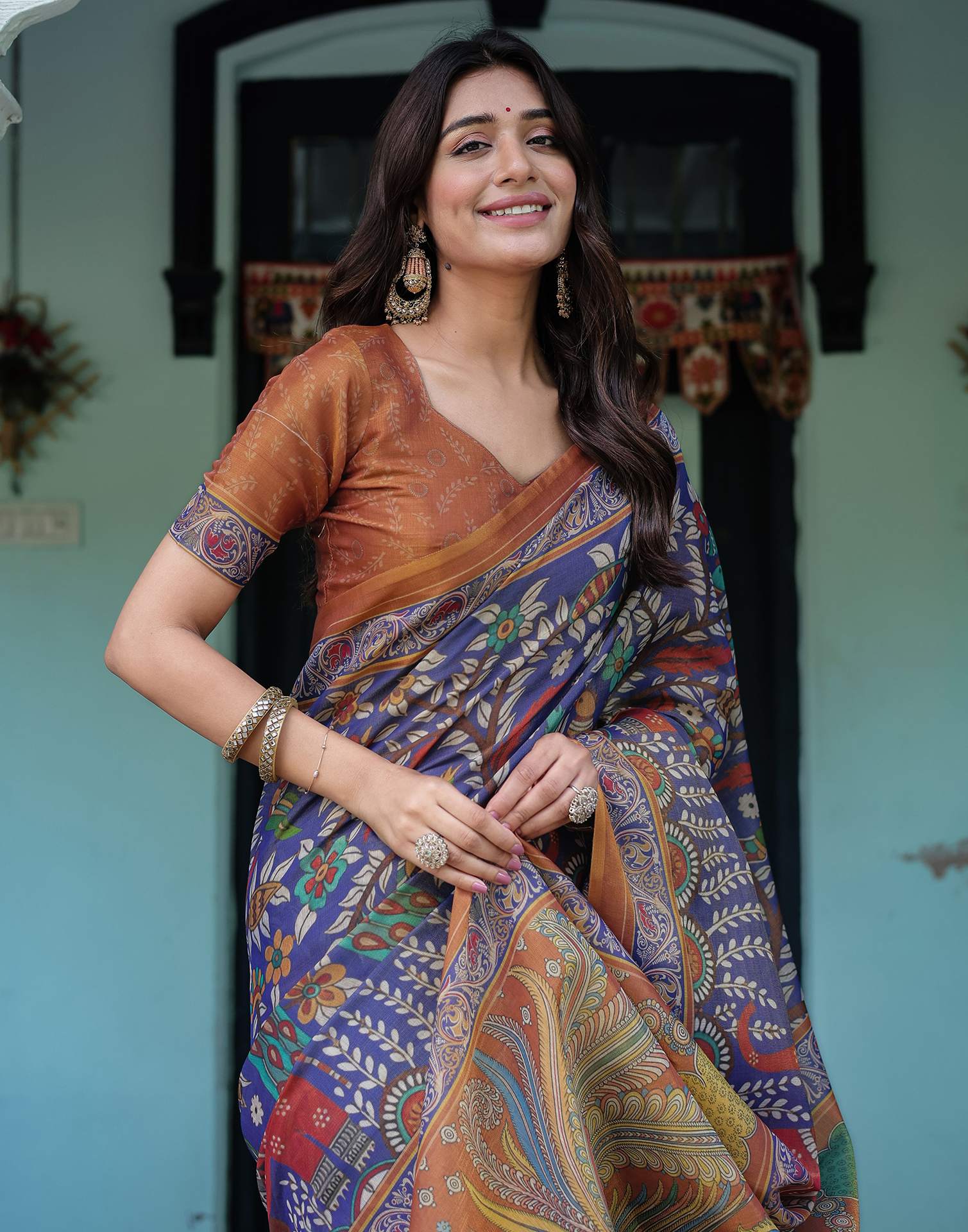 Blue Shimmer Silk Printed Kalamkari Saree