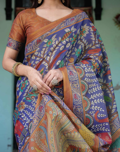 Blue Shimmer Silk Printed Kalamkari Saree