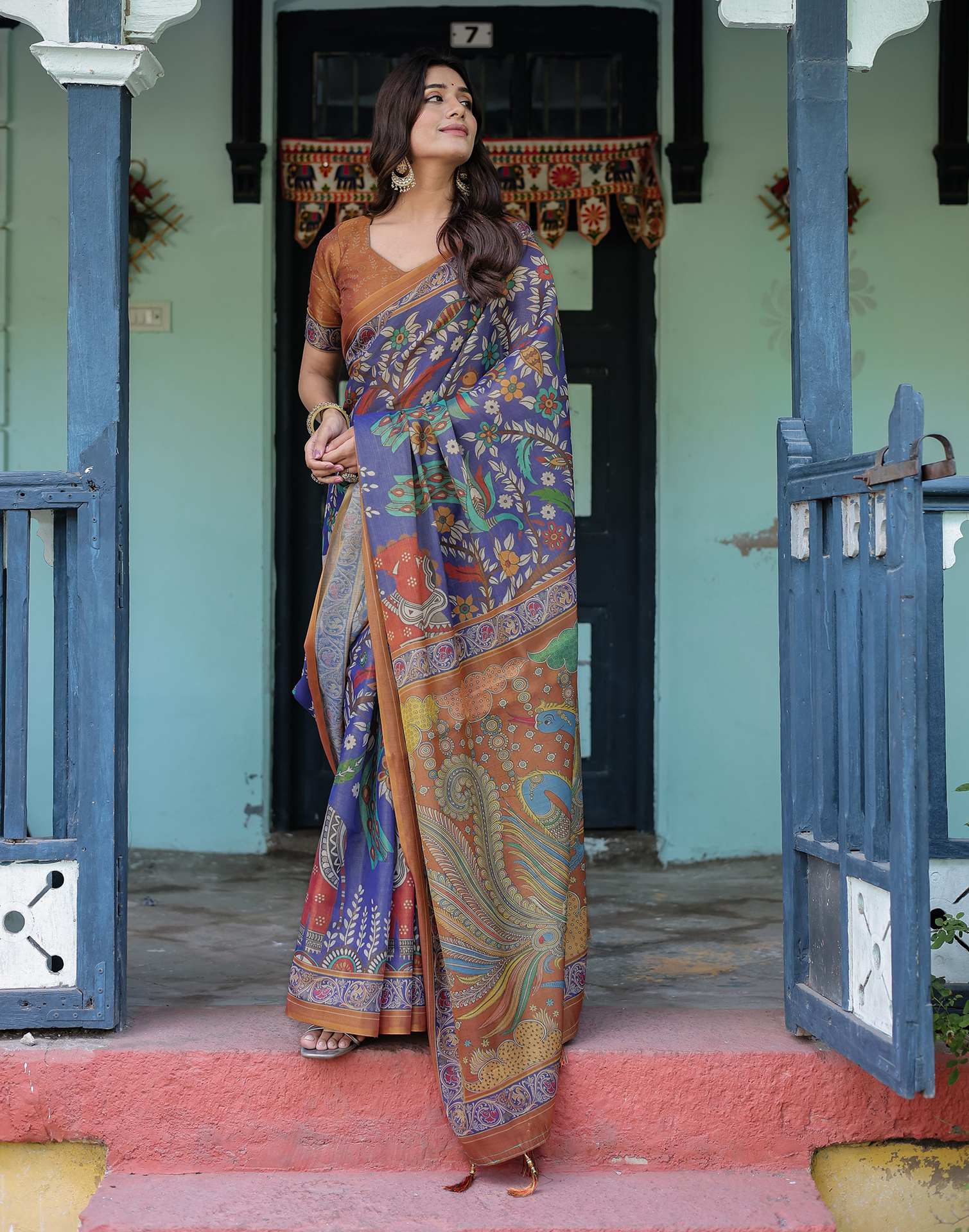 Blue Shimmer Silk Printed Kalamkari Saree