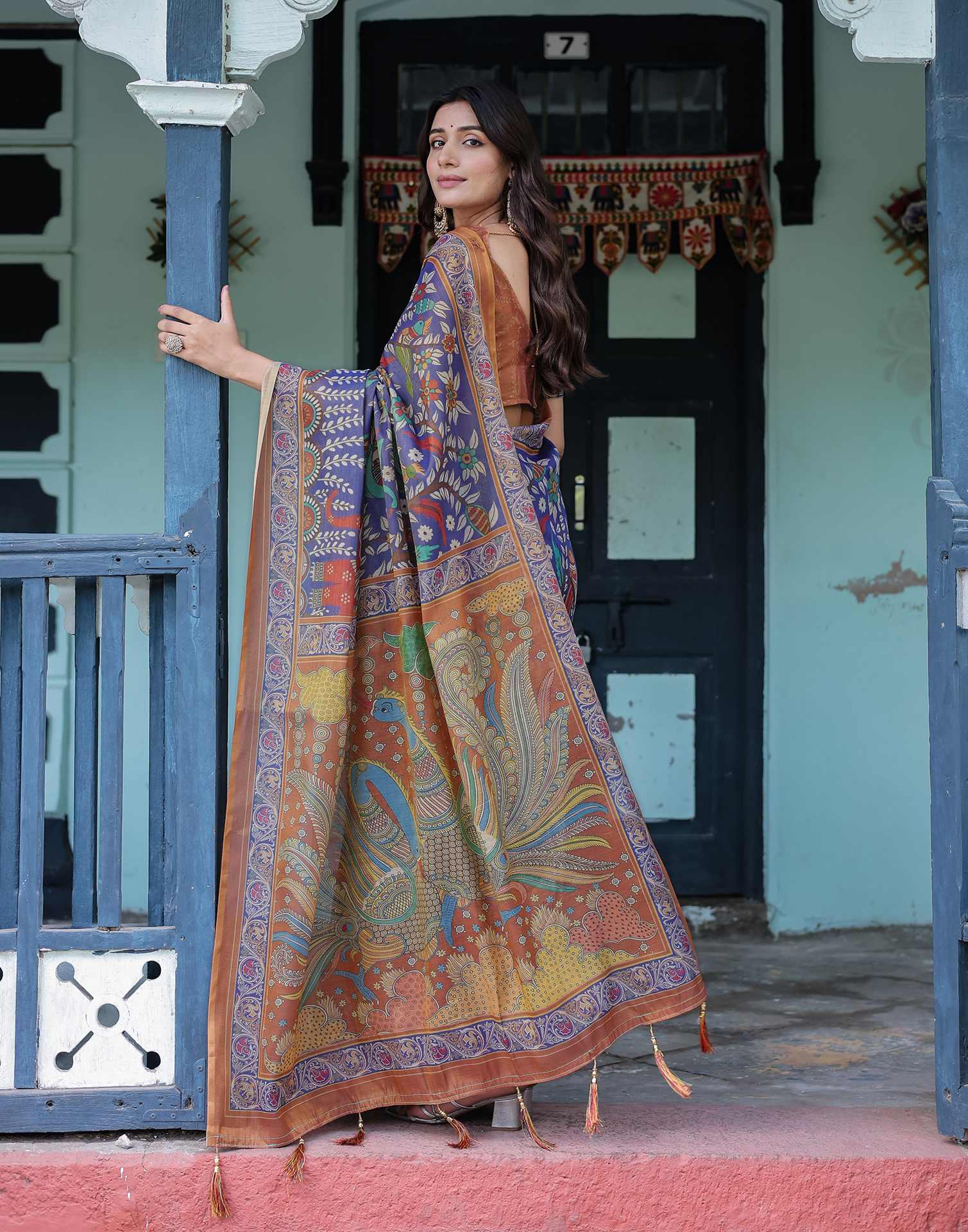 Blue Shimmer Silk Printed Kalamkari Saree