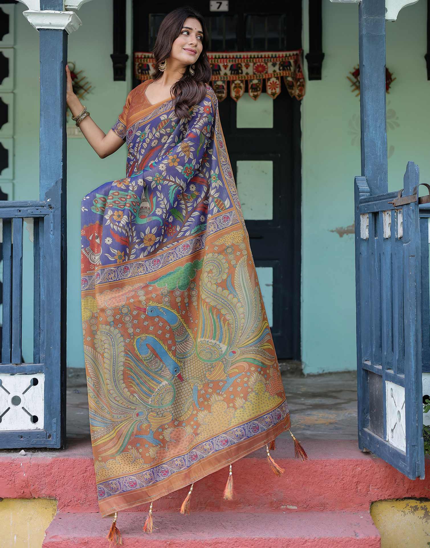 Blue Shimmer Silk Printed Kalamkari Saree