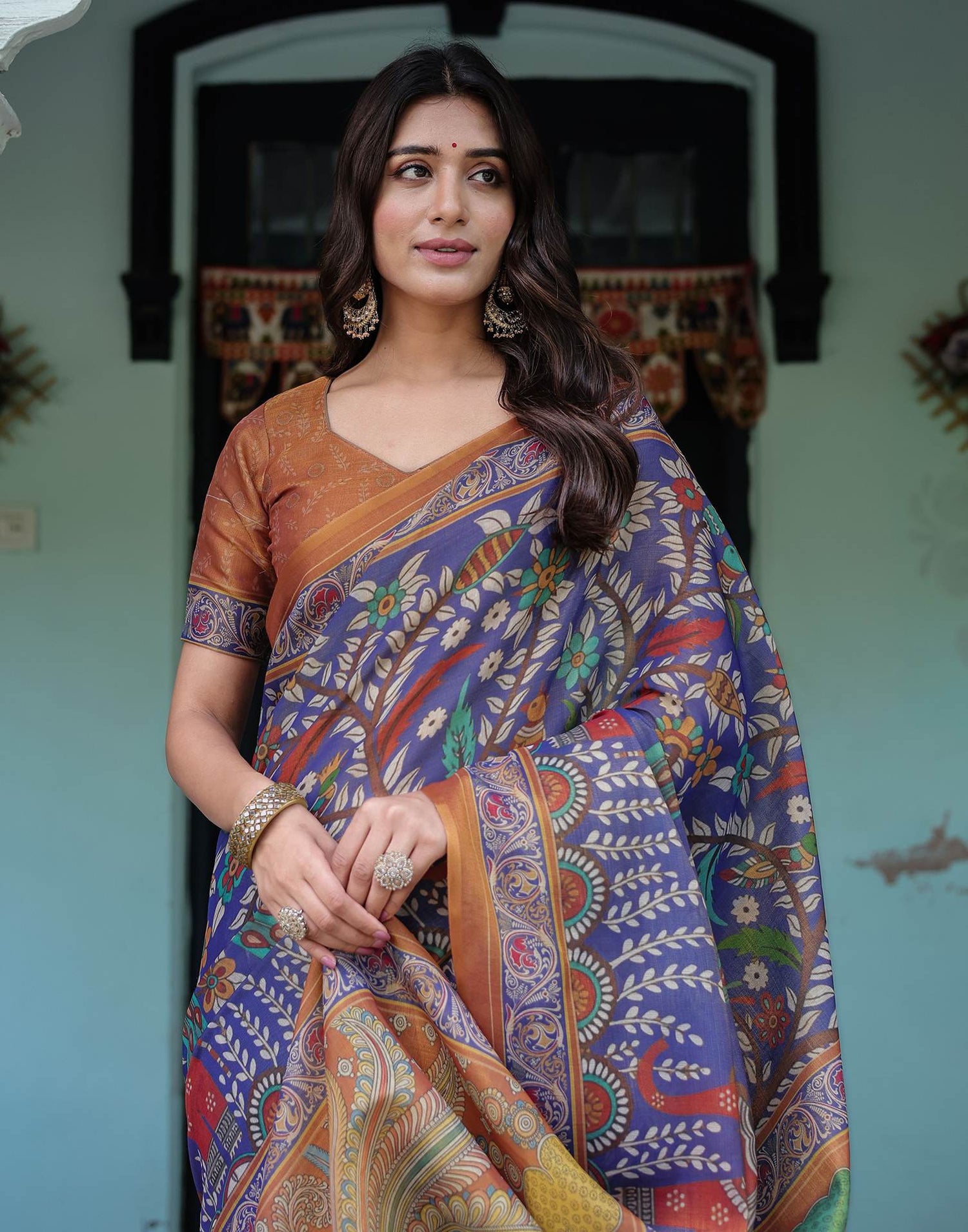 Blue Shimmer Silk Printed Kalamkari Saree