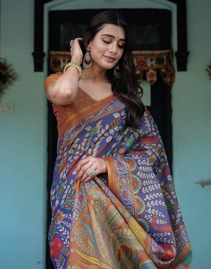 Blue Shimmer Silk Printed Kalamkari Saree