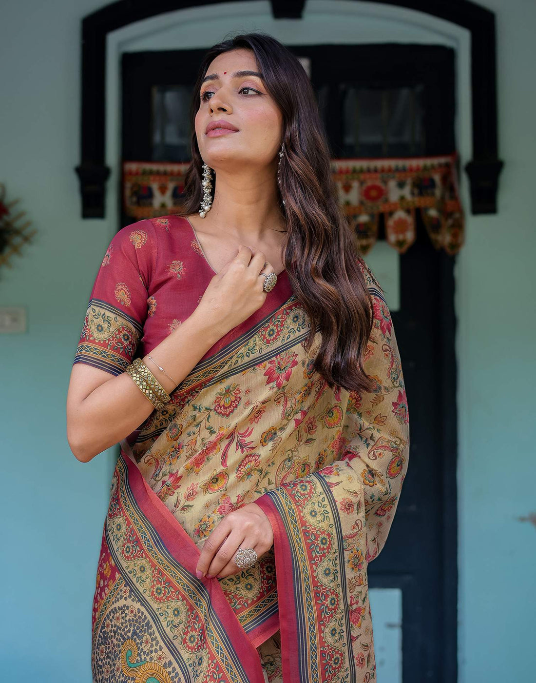 Beige Shimmer Silk Printed Saree