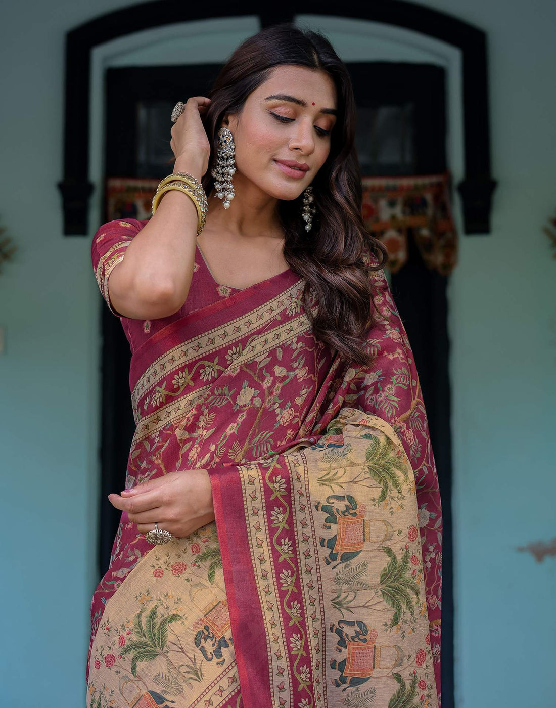 Dark Pink Shimmer Silk Printed Saree