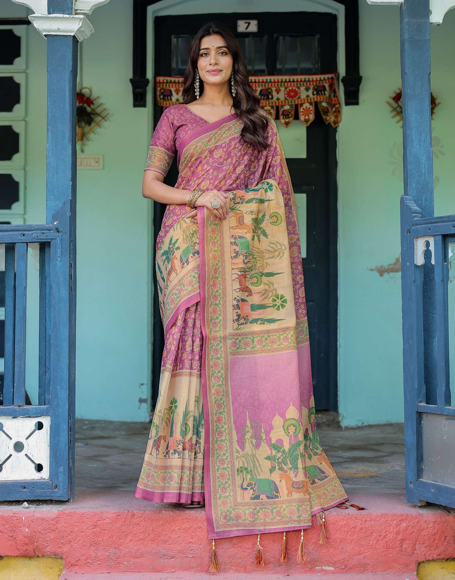Deep Rose Pink Shimmer Silk Printed Saree