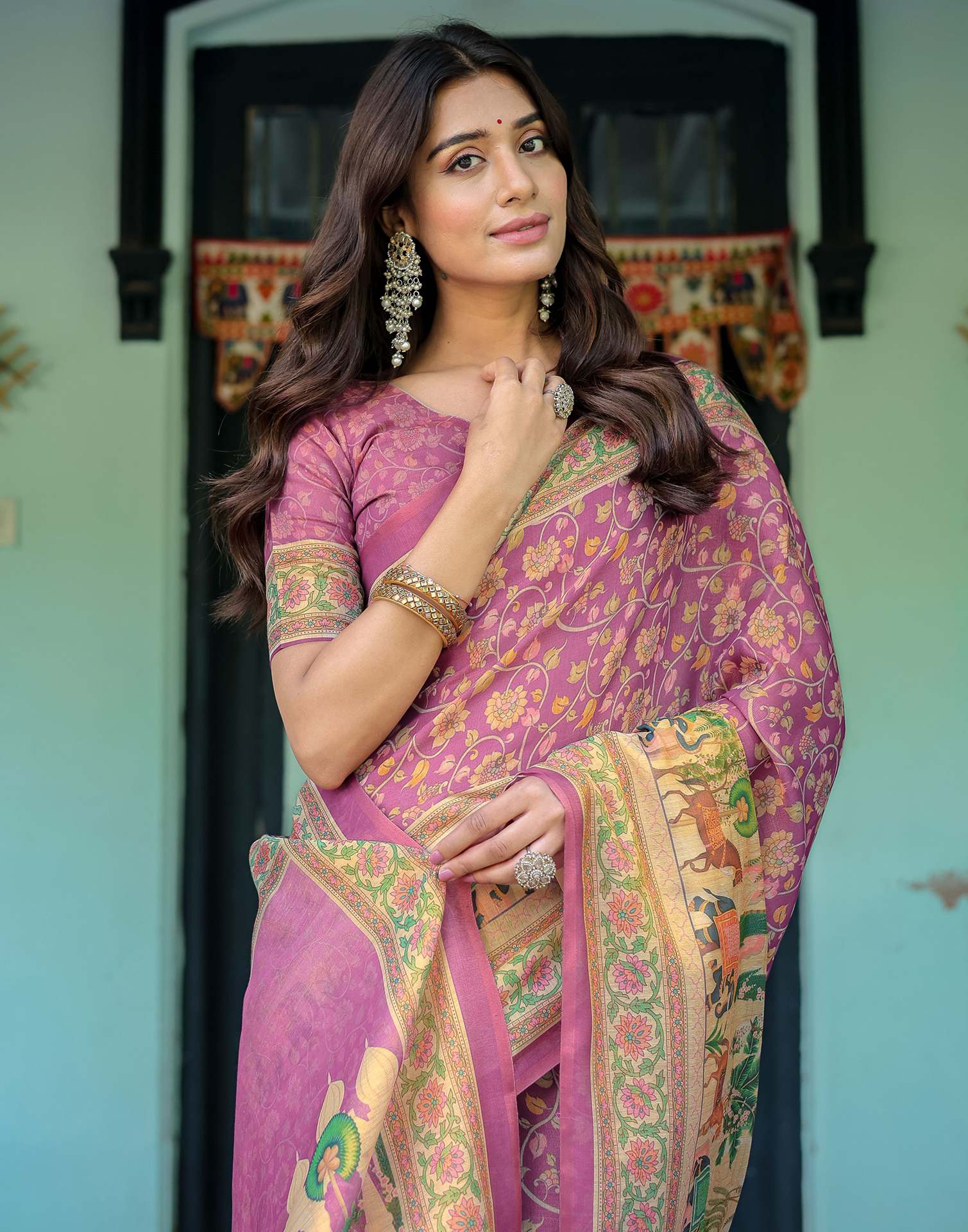 Deep Rose Pink Shimmer Silk Printed Saree