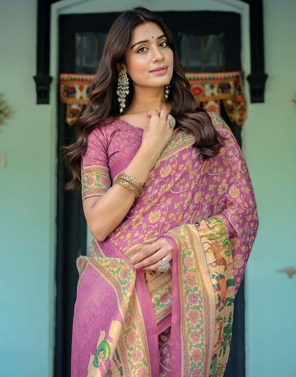 Deep Rose Pink Shimmer Silk Printed Saree