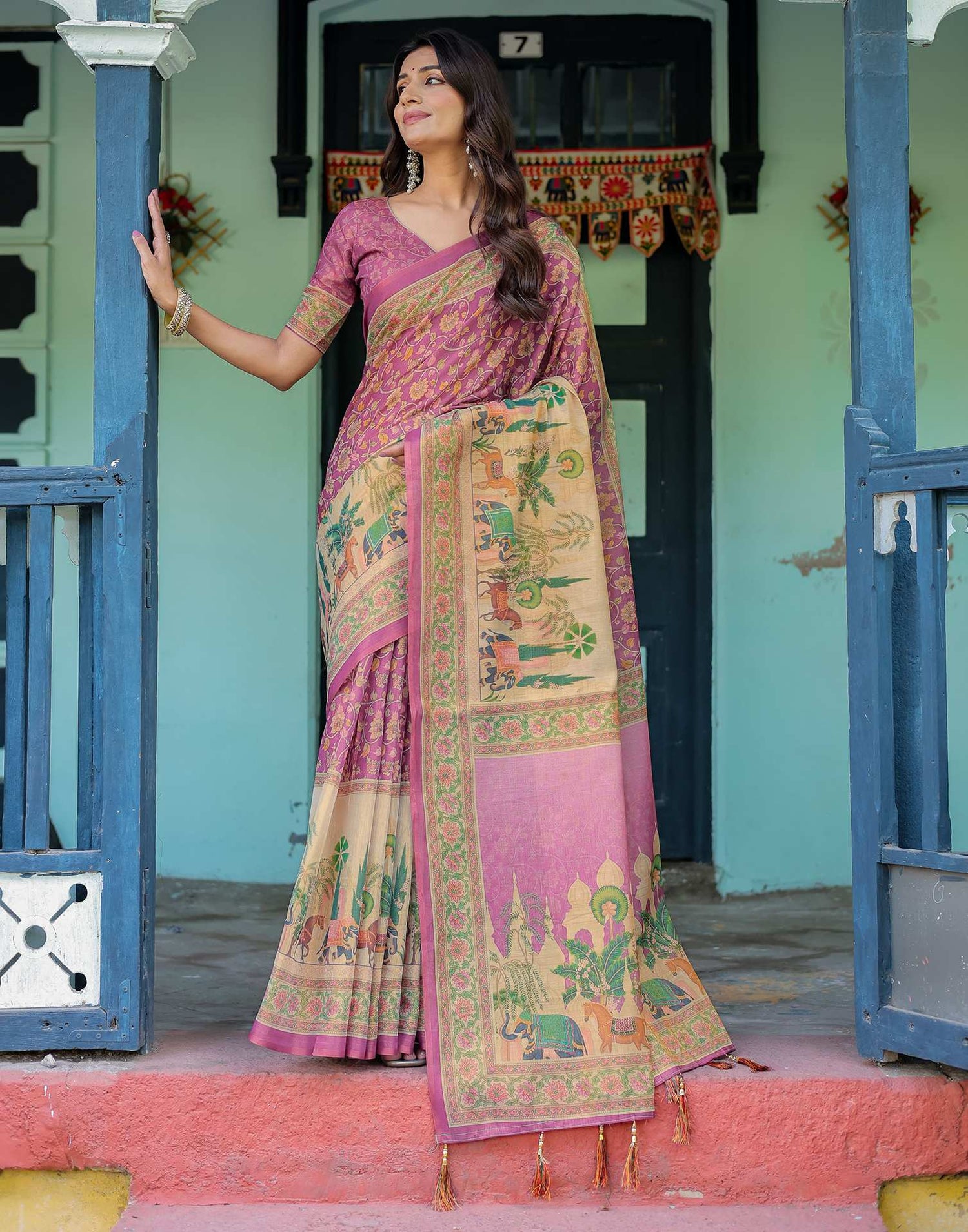 Deep Rose Pink Shimmer Silk Printed Saree