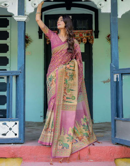 Deep Rose Pink Shimmer Silk Printed Saree