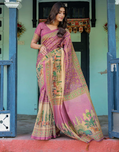 Deep Rose Pink Shimmer Silk Printed Saree