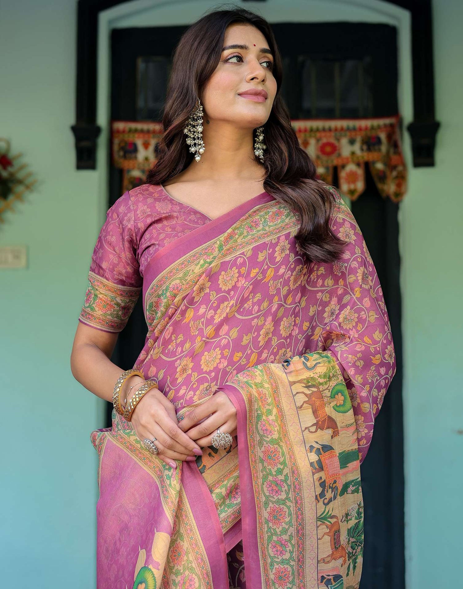 Deep Rose Pink Shimmer Silk Printed Saree