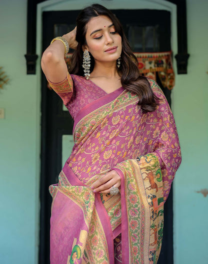 Deep Rose Pink Shimmer Silk Printed Saree