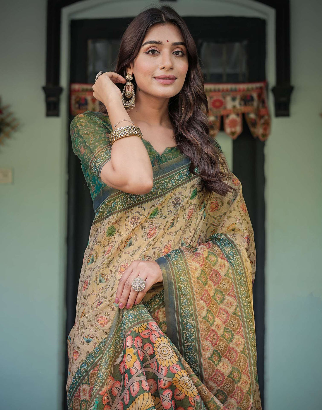 Beige Shimmer Silk Printed Saree