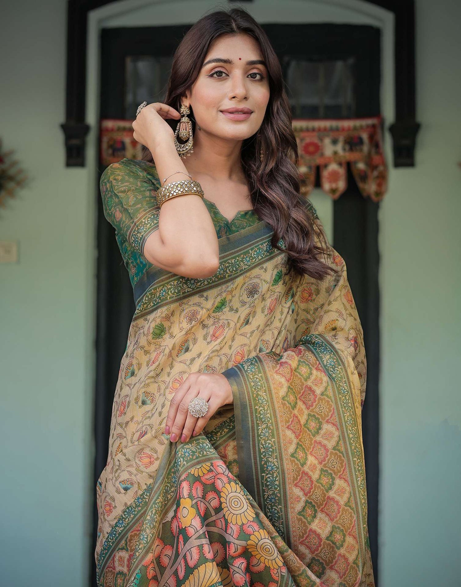 Beige Shimmer Silk Printed Saree