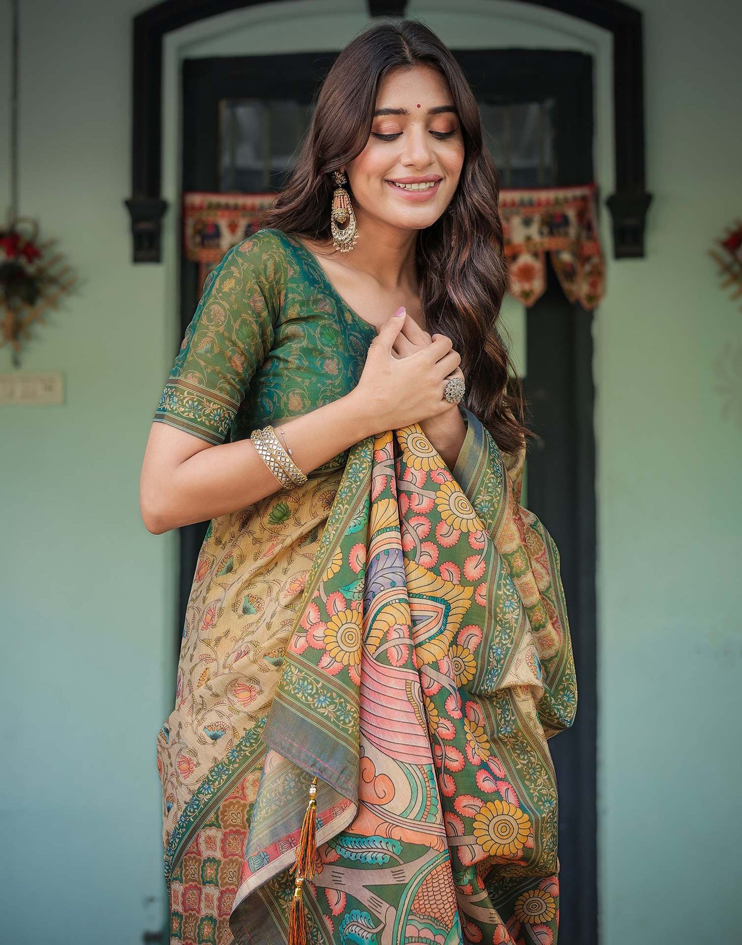 Beige Shimmer Silk Printed Saree
