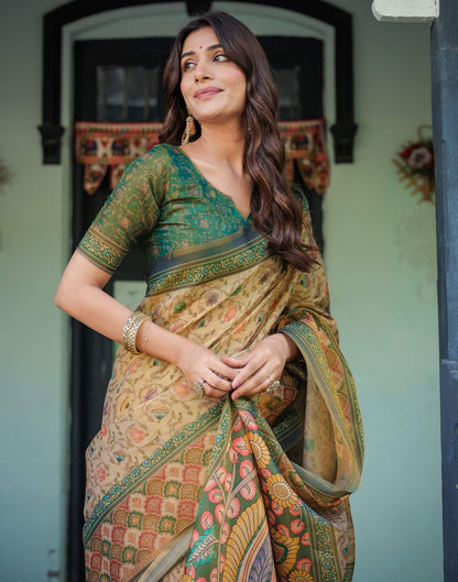 Beige Shimmer Silk Printed Saree