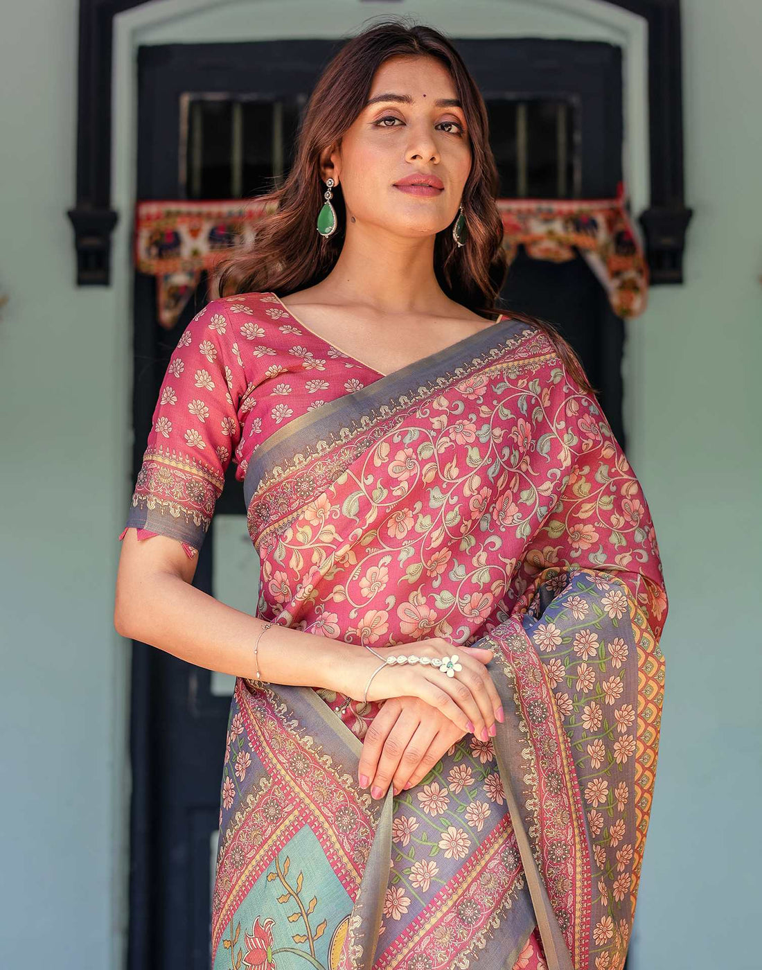 Dusky Red Shimmer Silk Printed Saree