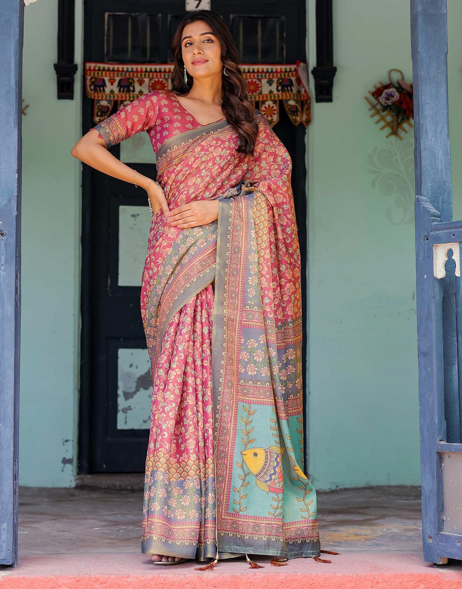 Dusky Red Shimmer Silk Printed Saree