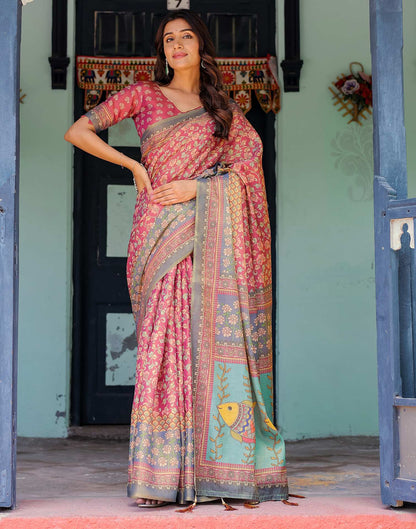 Dusky Red Shimmer Silk Printed Saree