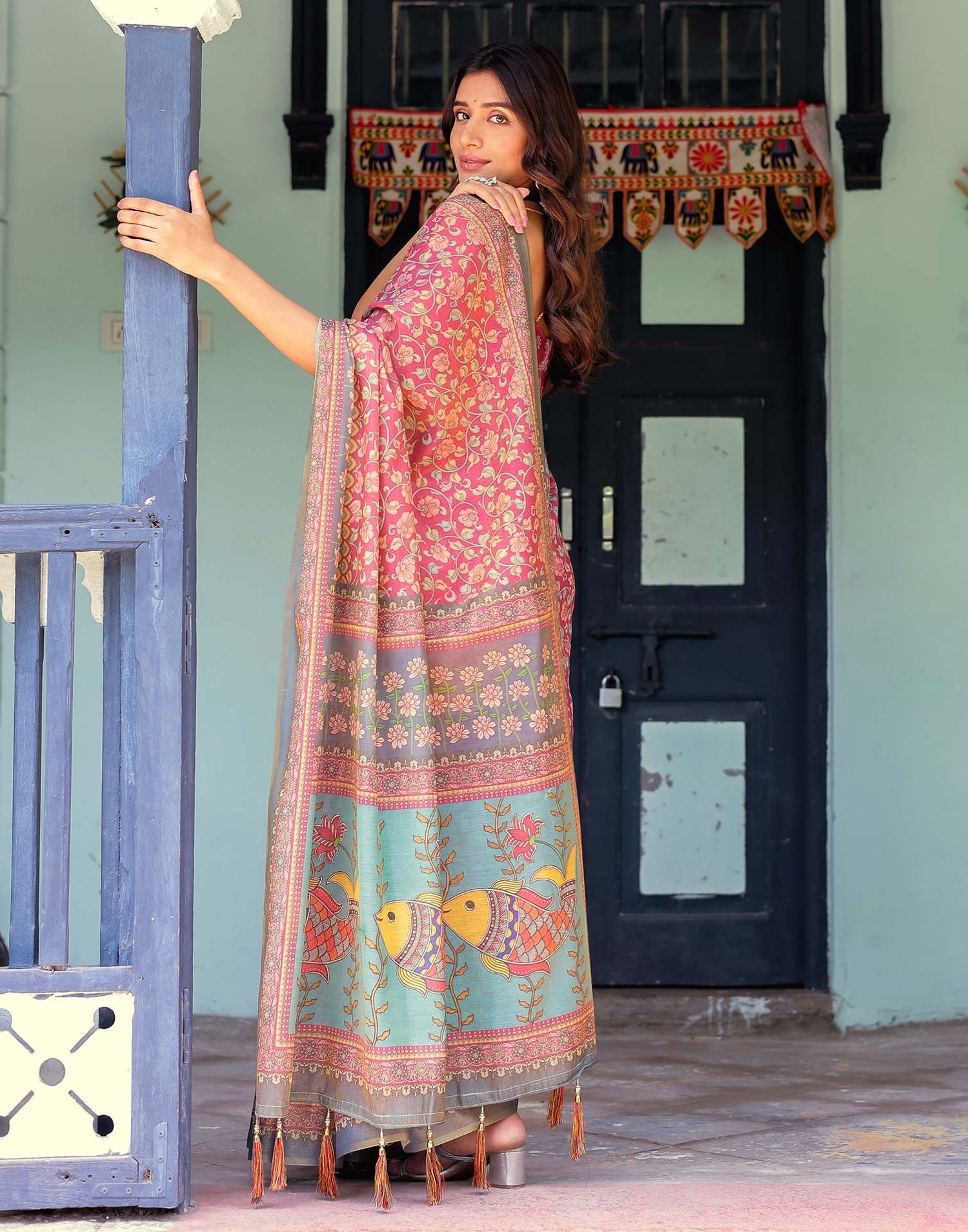 Dusky Red Shimmer Silk Printed Saree