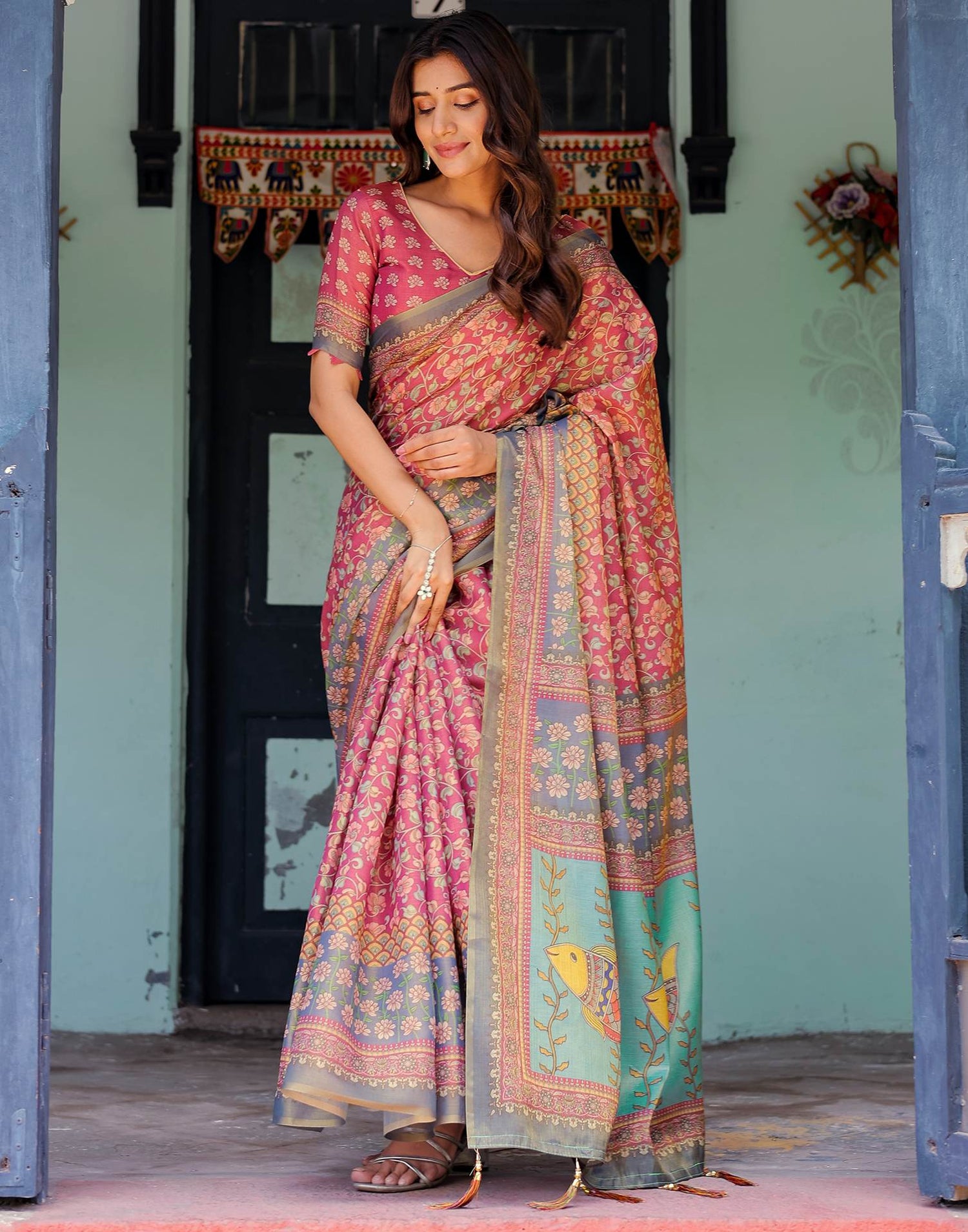 Dusky Red Shimmer Silk Printed Saree