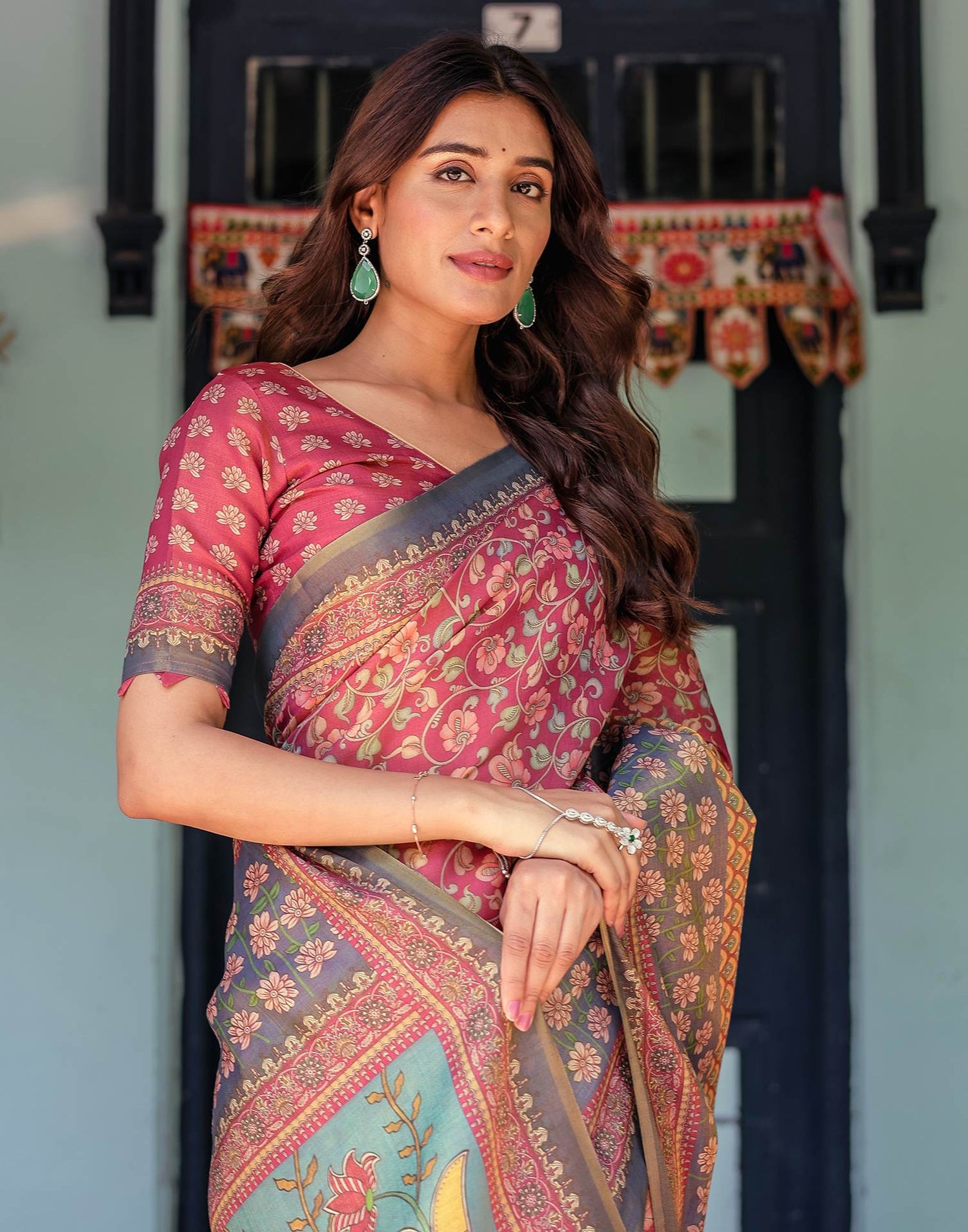 Dusky Red Shimmer Silk Printed Saree