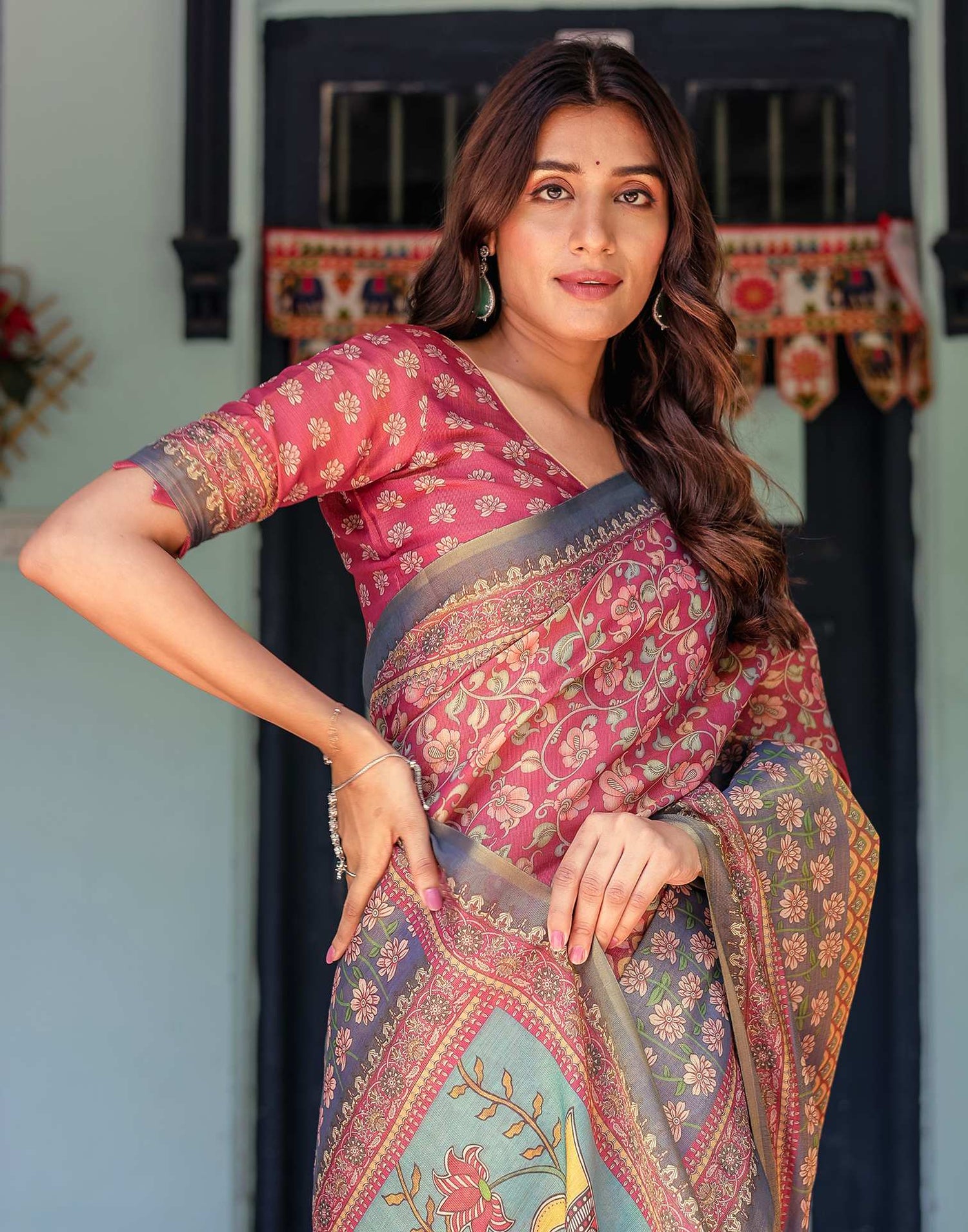 Dusky Red Shimmer Silk Printed Saree