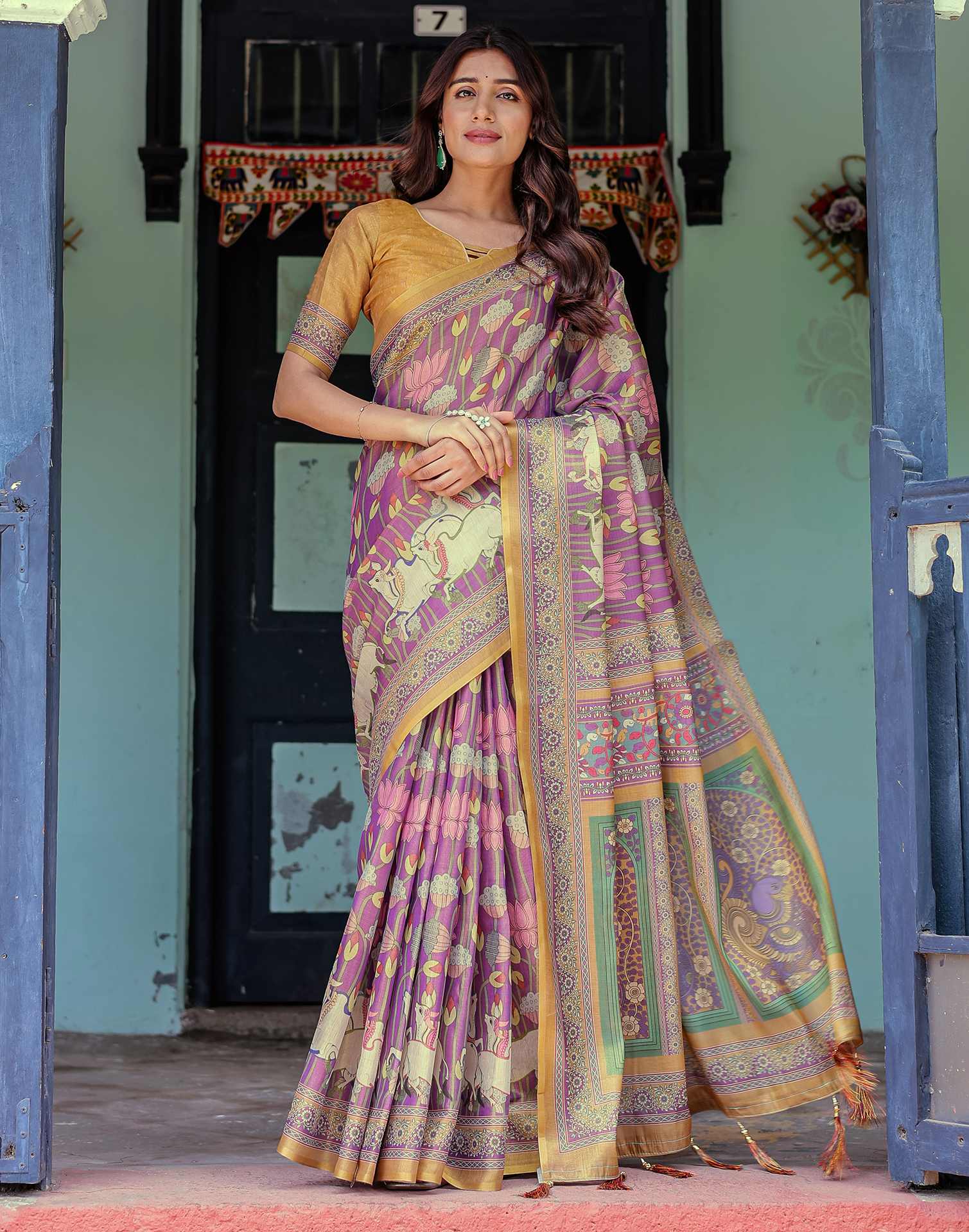 Purple Shimmer Silk Printed Kalamkari Saree