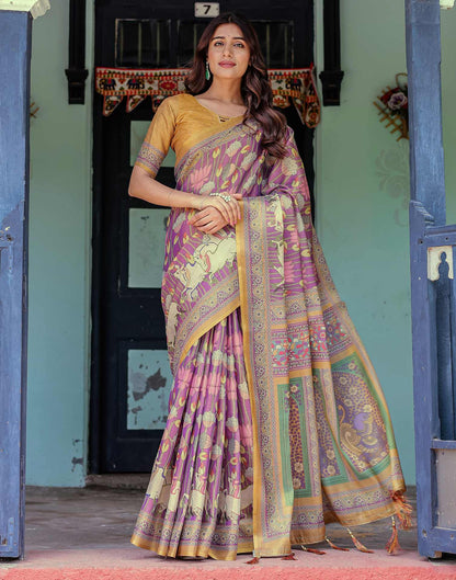 Purple Shimmer Silk Printed Kalamkari Saree