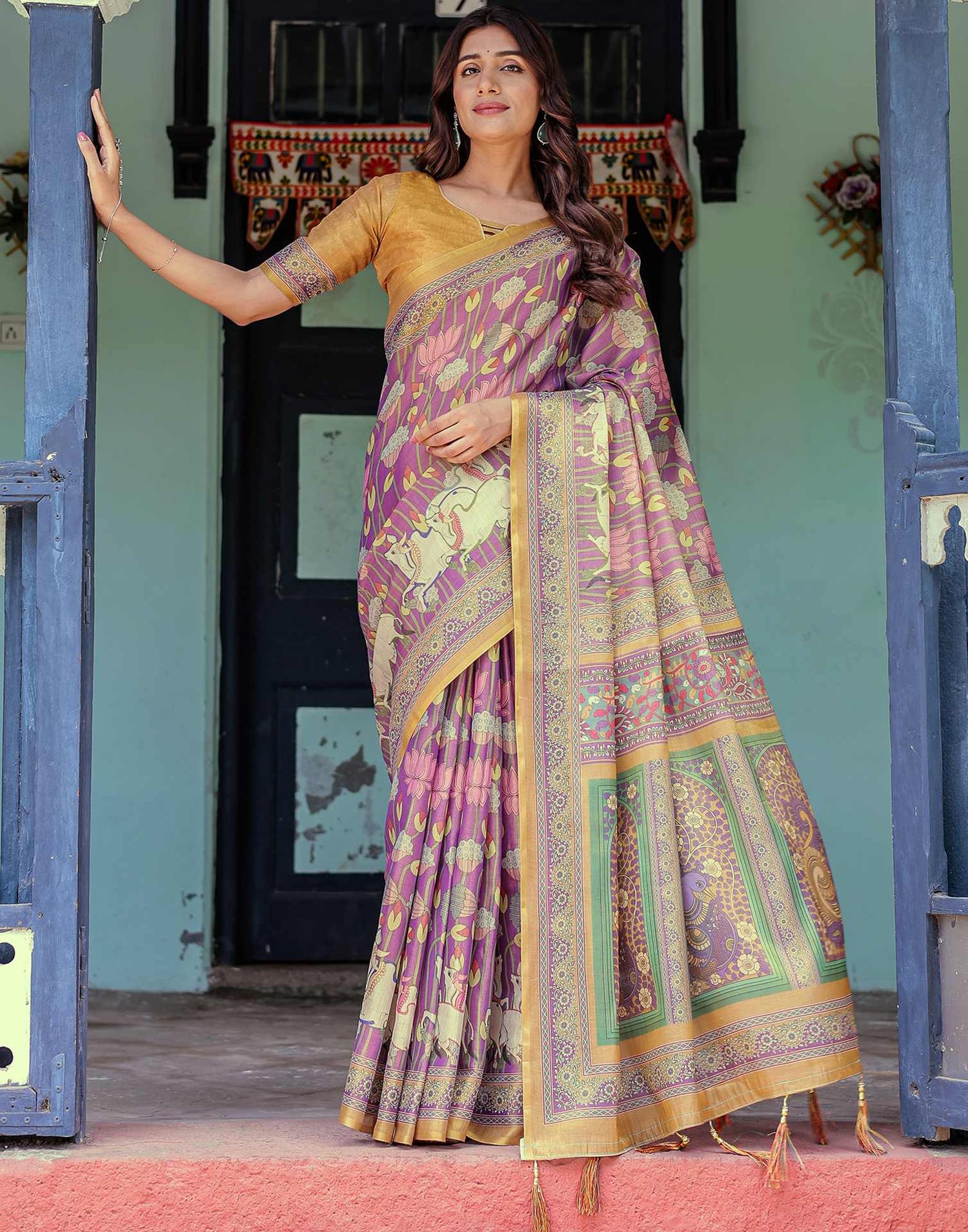 Purple Shimmer Silk Printed Kalamkari Saree
