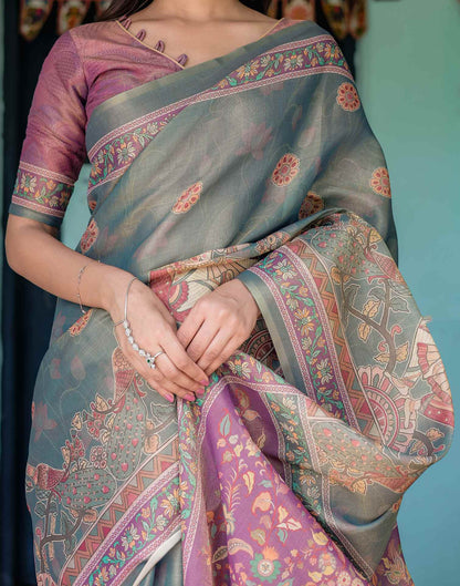 Teal Blue Shimmer Silk Printed Kalamkari Saree