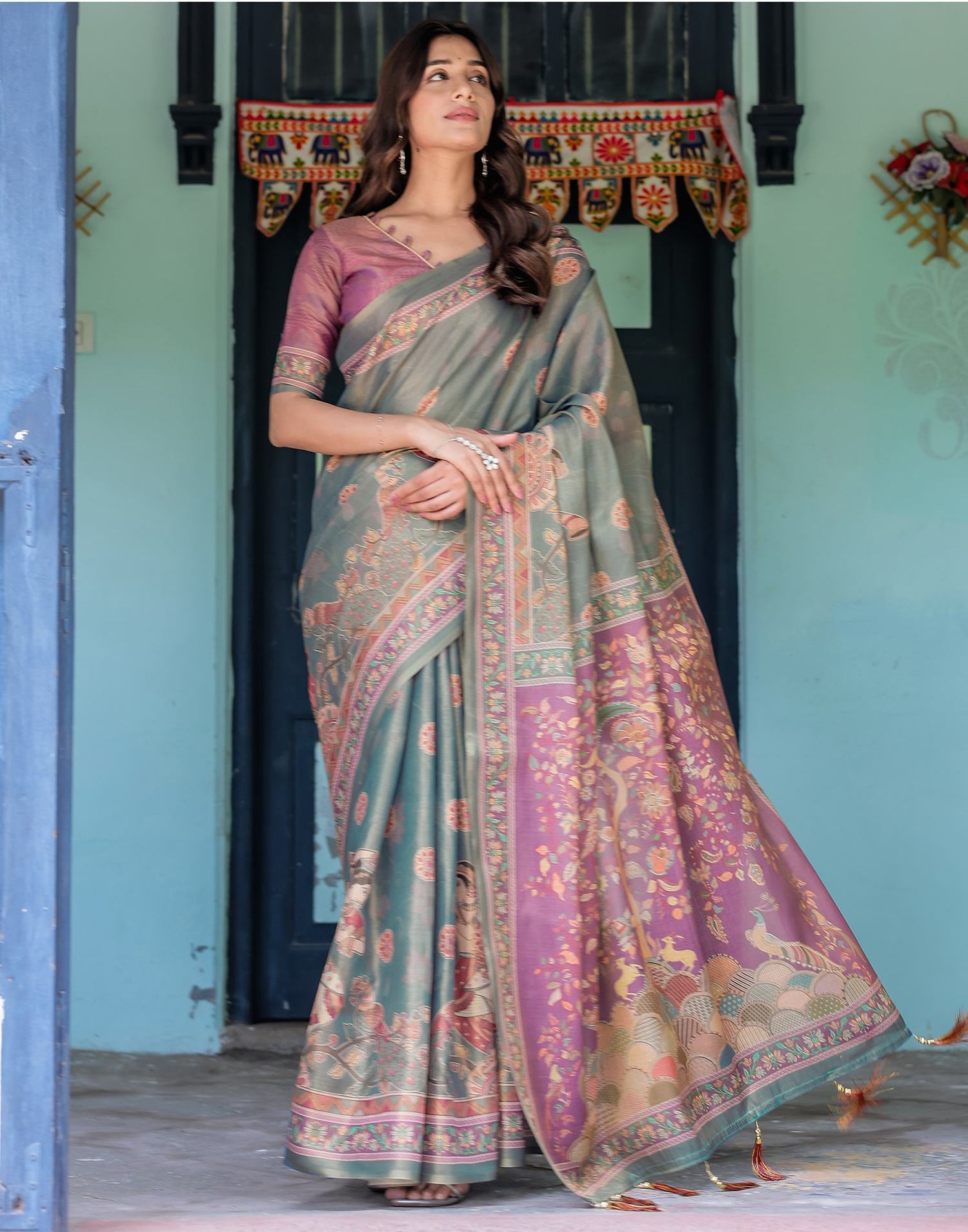 Teal Blue Shimmer Silk Printed Kalamkari Saree