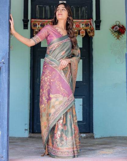 Teal Blue Shimmer Silk Printed Kalamkari Saree