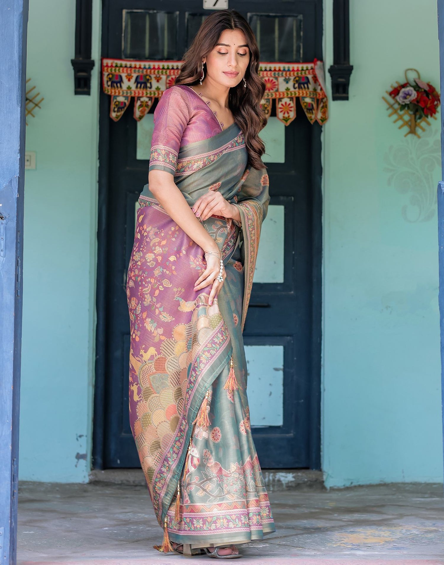 Teal Blue Shimmer Silk Printed Kalamkari Saree