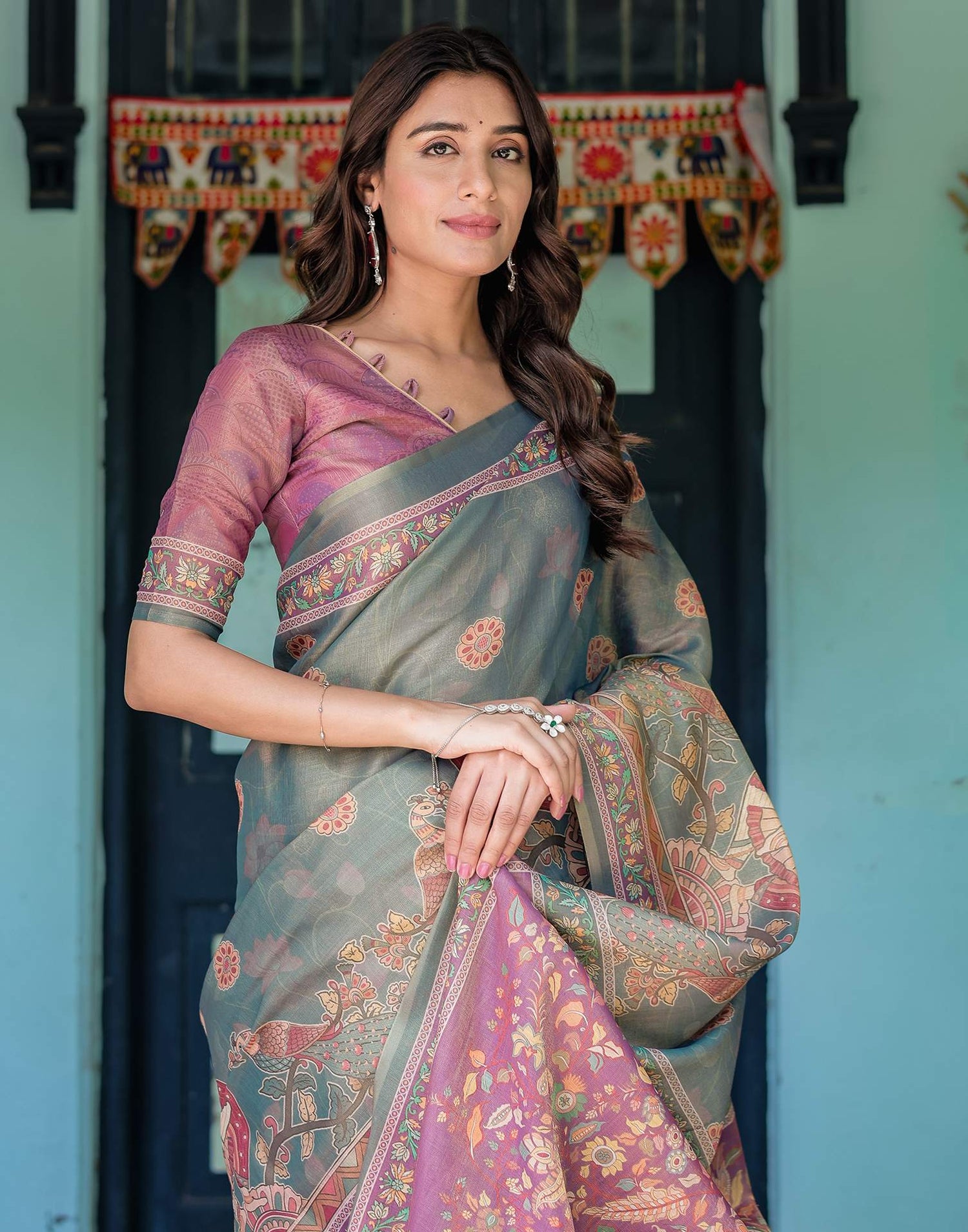 Teal Blue Shimmer Silk Printed Kalamkari Saree
