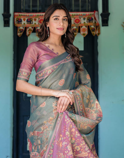 Teal Blue Shimmer Silk Printed Kalamkari Saree