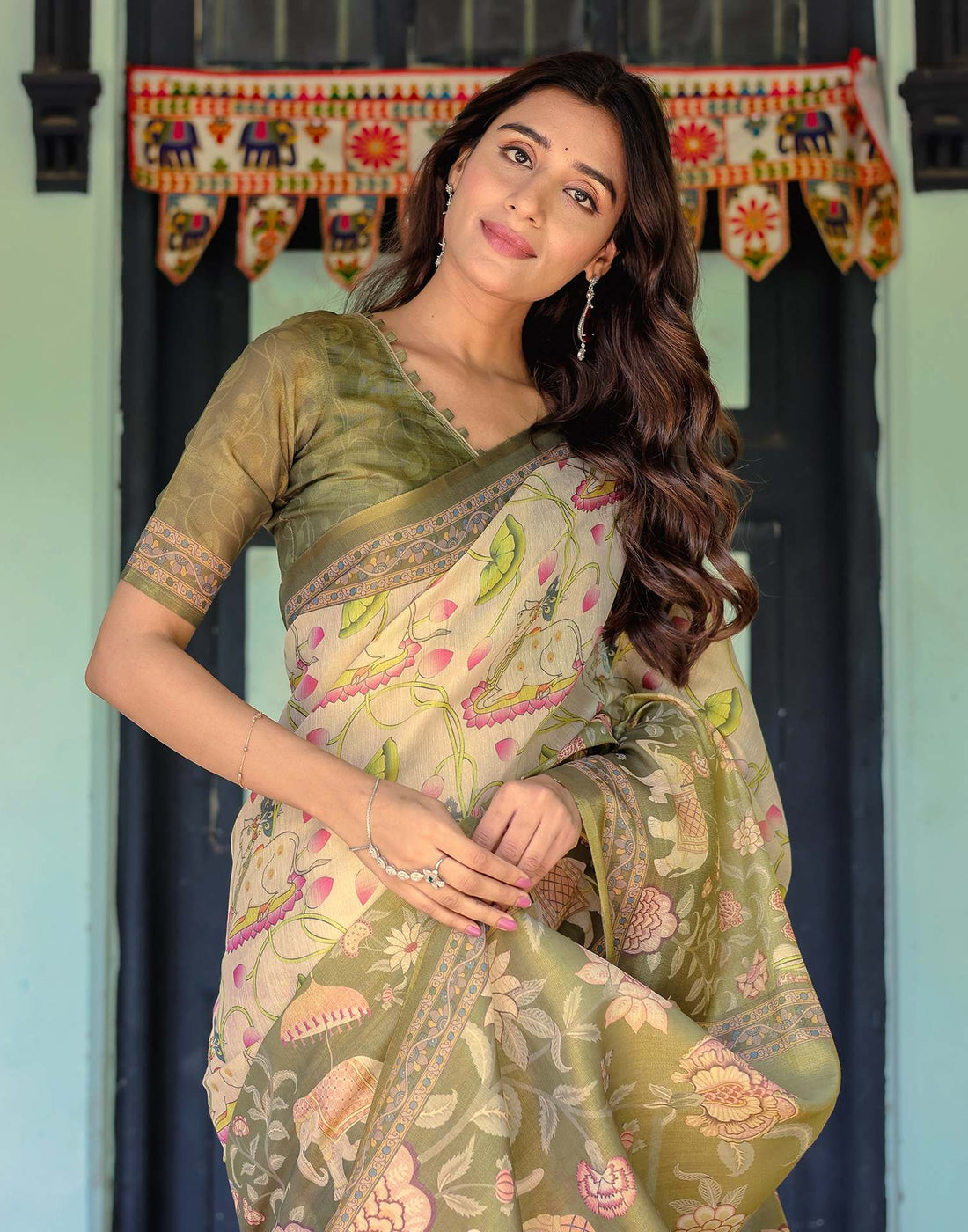 Beige Shimmer Silk Printed Kalamkari Saree