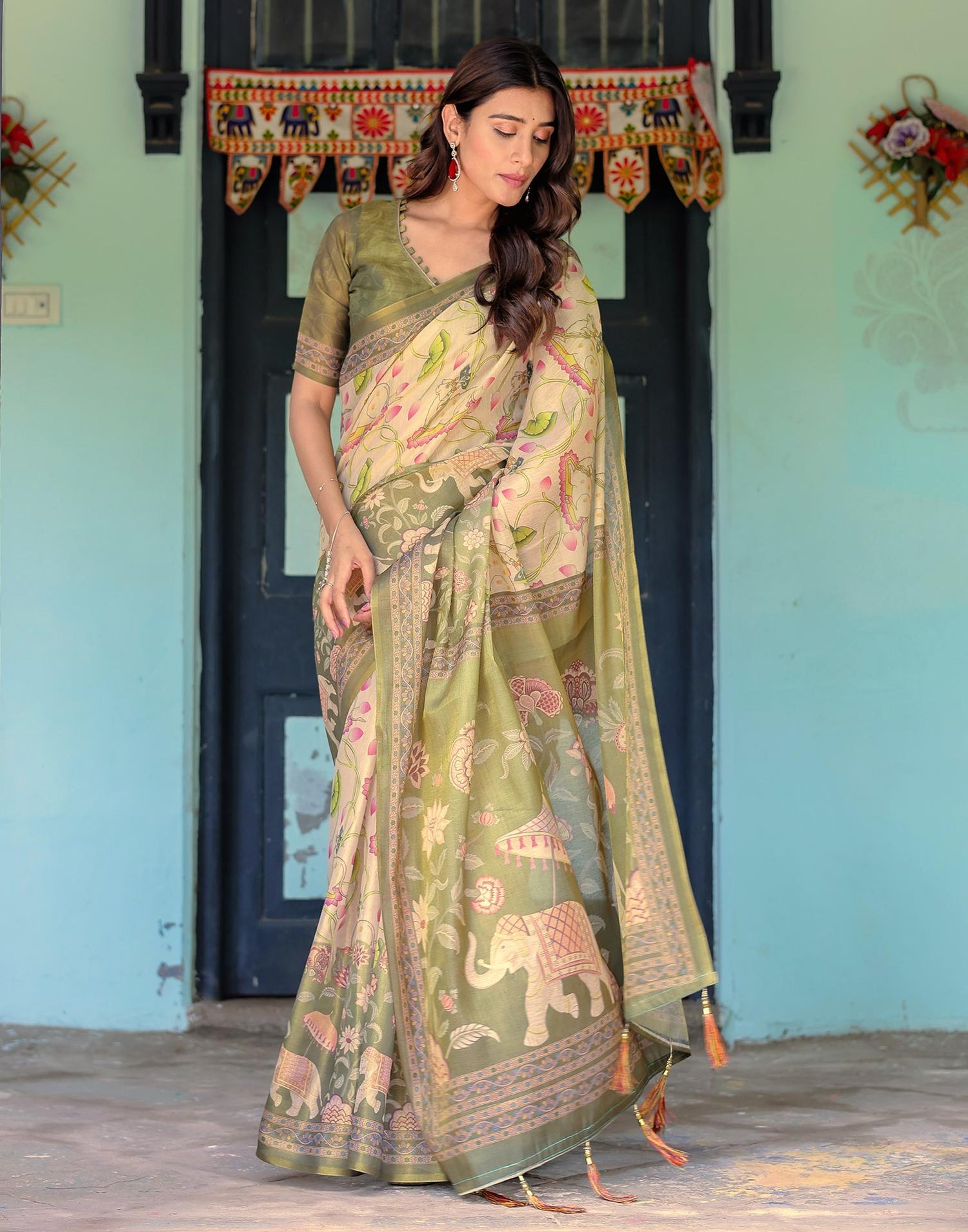 Beige Shimmer Silk Printed Kalamkari Saree
