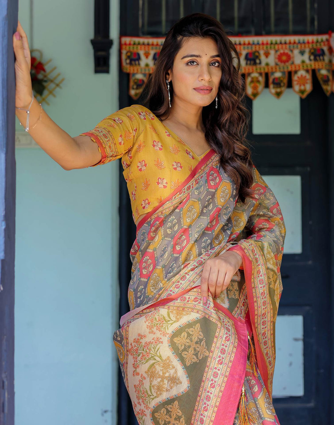 Yellow Shimmer Silk Printed Saree