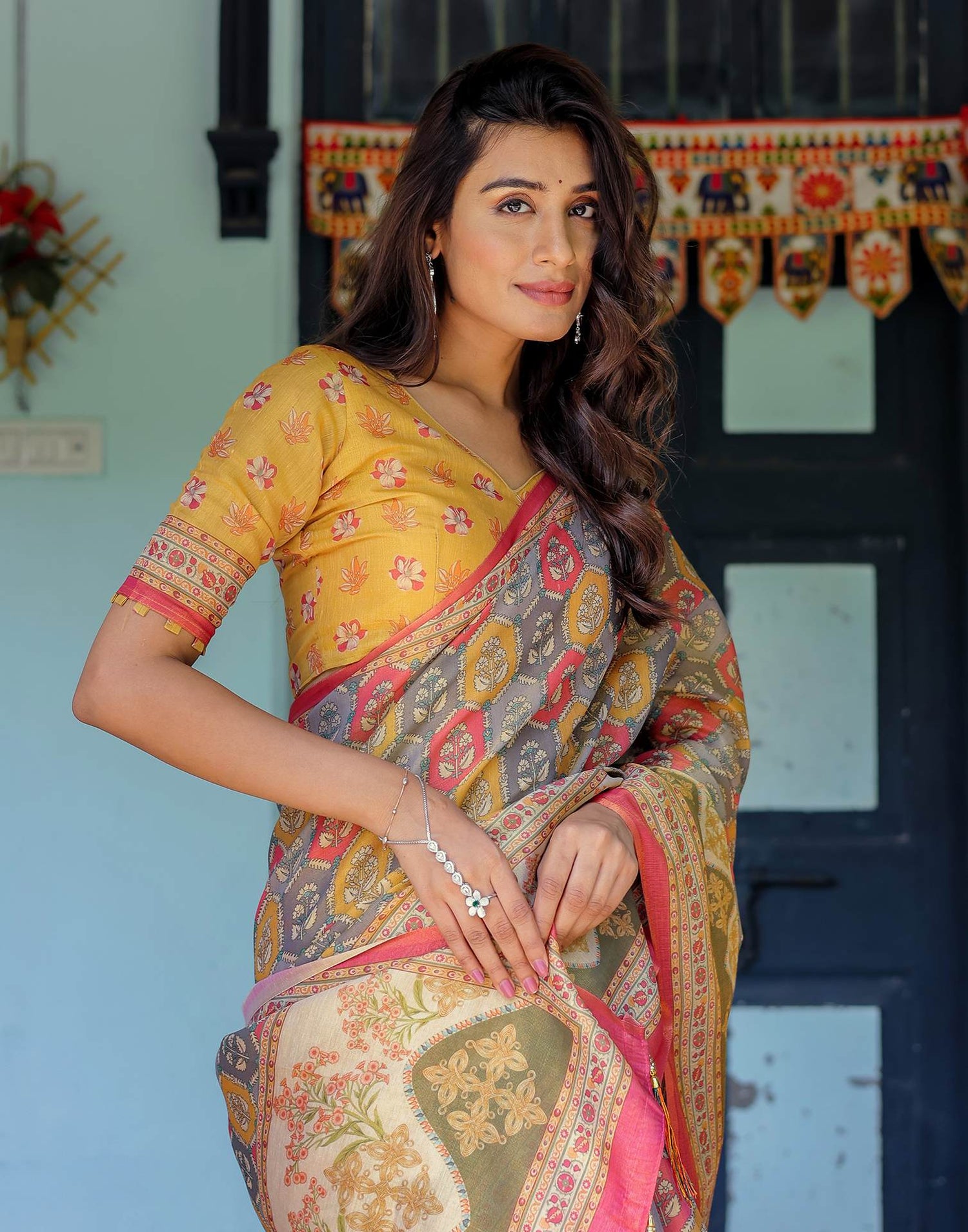 Yellow Shimmer Silk Printed Saree